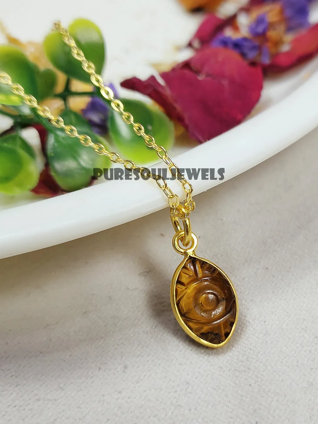 Natural Tiger Eye Necklace, Organic Protective Pendant, Dainty Boho Necklace, Healing Stone Evil eye Pendant, Gift For Her