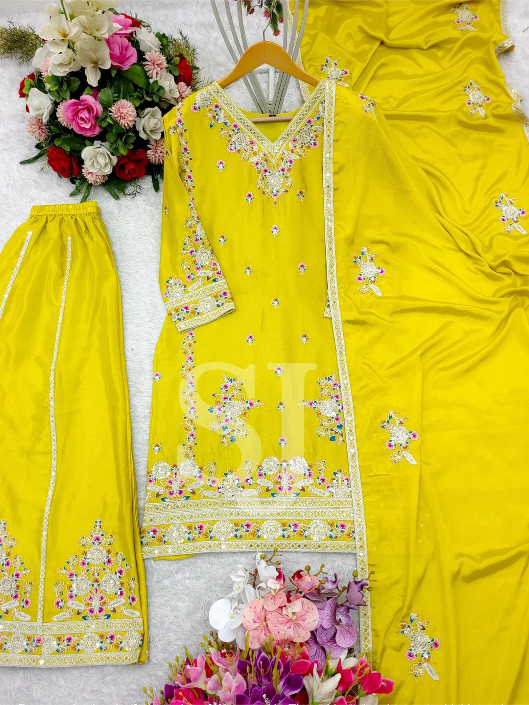 Yellow Sharara Suit, Chinon Silk Embroidered Salwar Kameez, Pakistani Wedding Outfit, Readymade Salwar Kameez Suit, 3Pc Combo Set Stitched