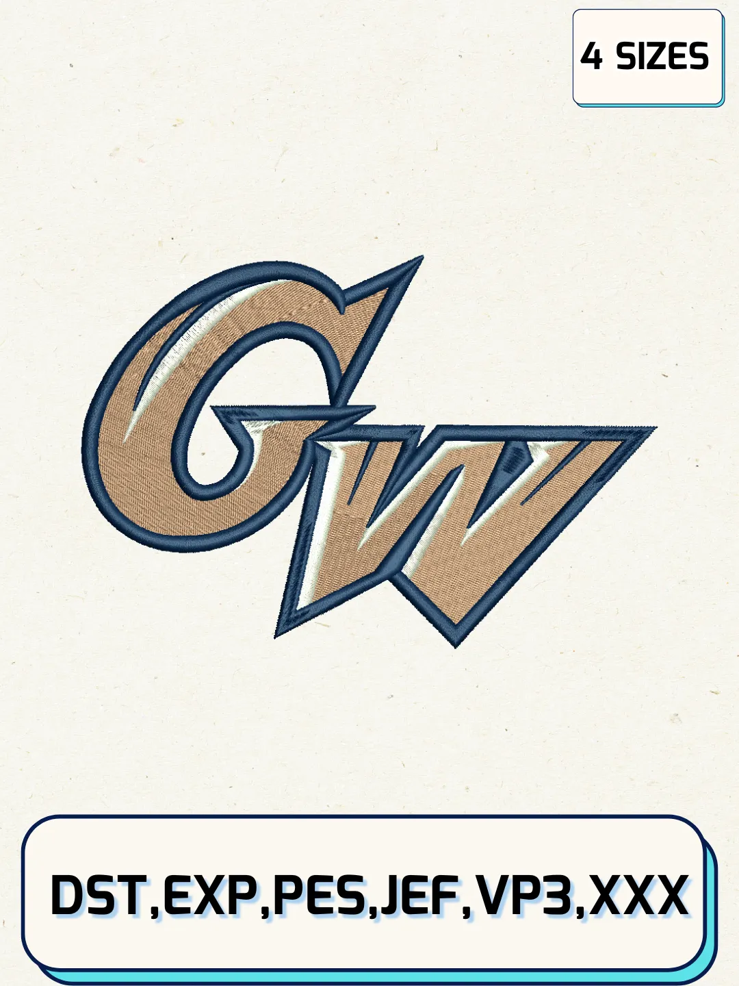 George Washington Colonials Logos Embroidery Design Files, NCAA Logos Embroidery Designs, Machine Embroidery Files, 4 Sizes
