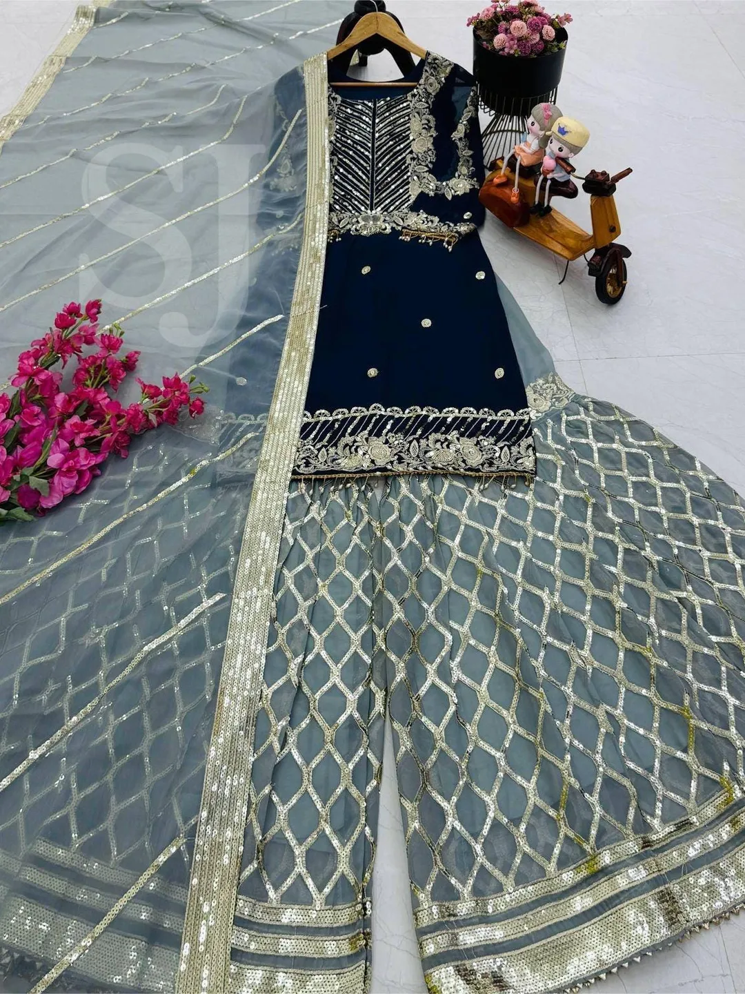 Blue Wedding Partywear Outfit, Indian Ethnic Wear Suit, Designer Salwar kameez Readymade, Blue Kurta Palazzo Set, Blue Silk Sharara Suit