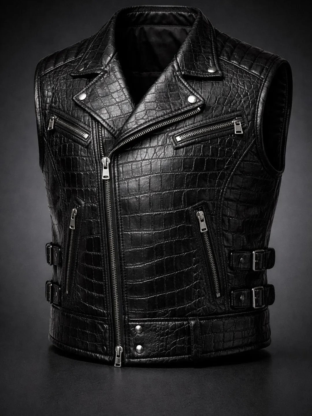 Men's Black Crocodile Embossed Leather Biker Vest – Asymmetrical