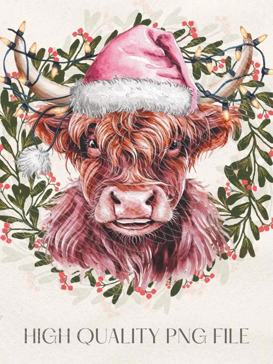 Highland Cow png,Christmas Lights PNG,Farm Animal Christmas PNG,Farmer Christmas png, Western png, Christmas png, pink country Christmas png
