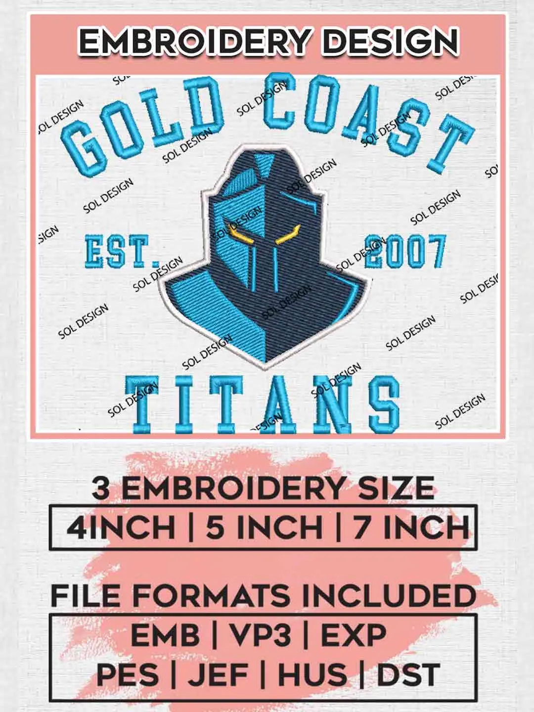 NRL Gold Coast Titans Est 2007 Embroidery Design, National Rugby League Embroidery Design, Gold Coast Titans Logos Embroidery Design,NRL Machine Embroidery Digitized Pes File,3 Sizes, Instant Download