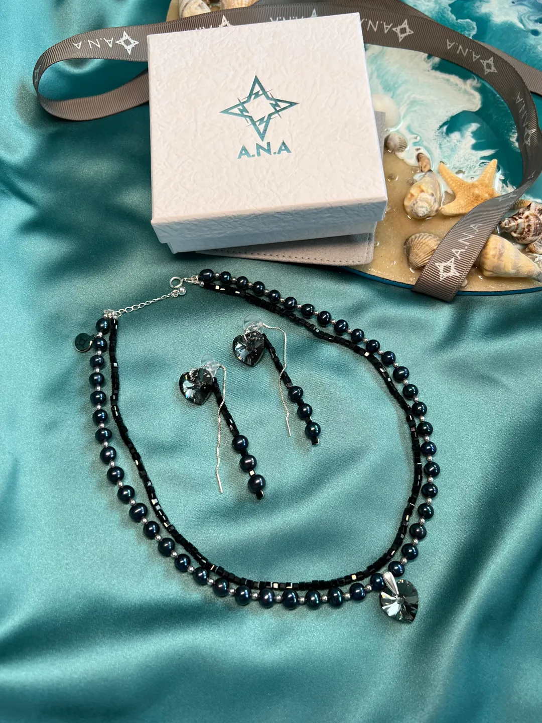 Pearl Silver 925 Jewelry Set Necklace Earrings BLACK HEART