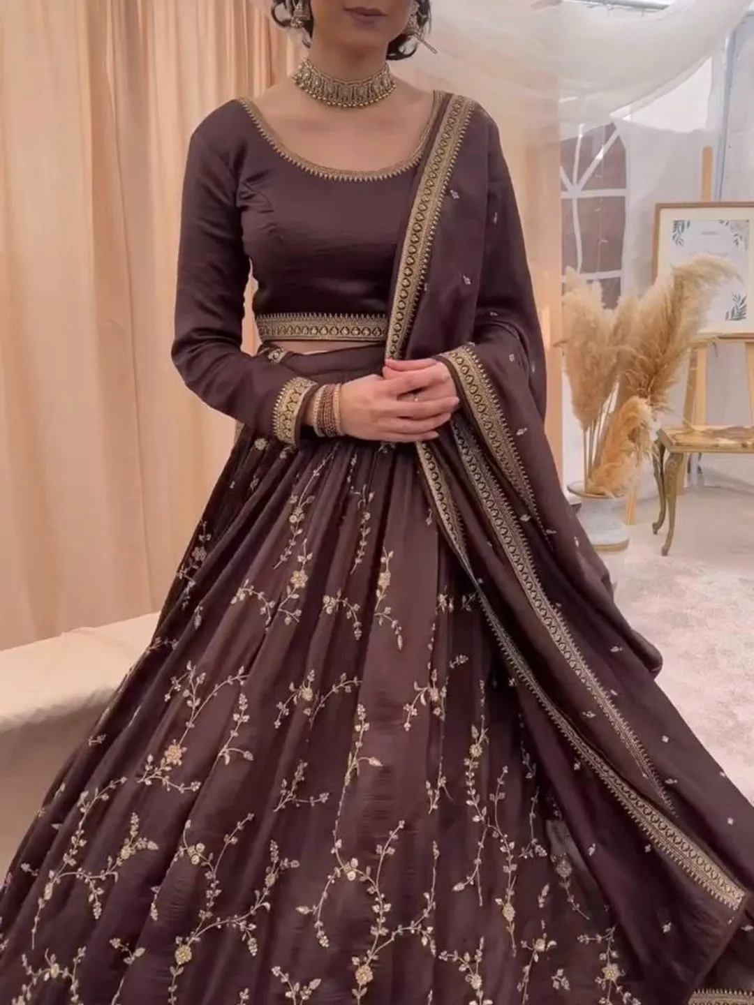 formal & gown reception dress for women indian Luxury Chinon Silk Lehenga Set Thread Sequins Work Bridal Outfit Elegant Wedding Designer Ethnic Wear YELLOW-POLKA-DOT