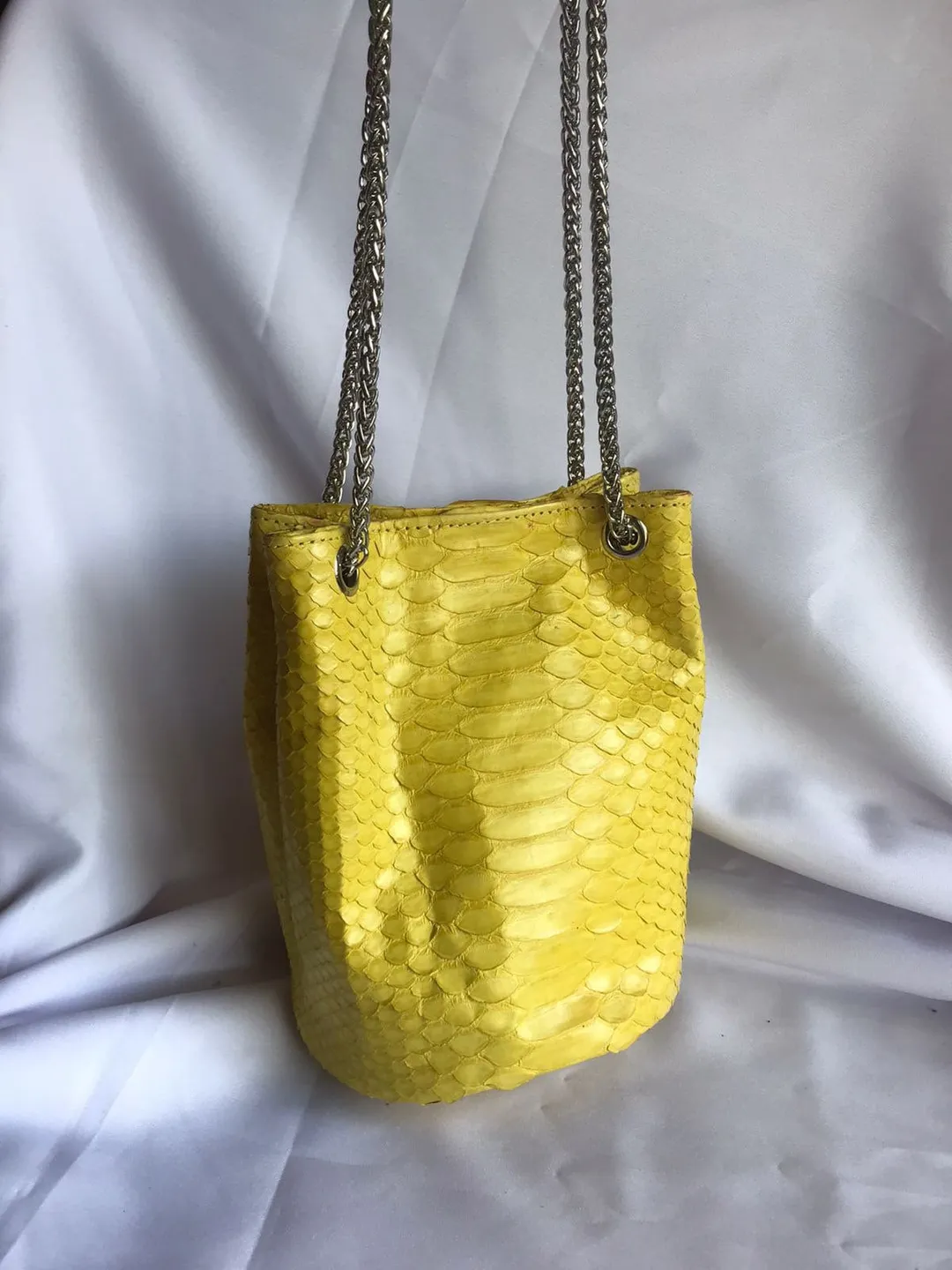 Genuine python skin bucket yellow chain bag / designer women purse / summer soft  bag / exotic leather bags free shipping / gift for her