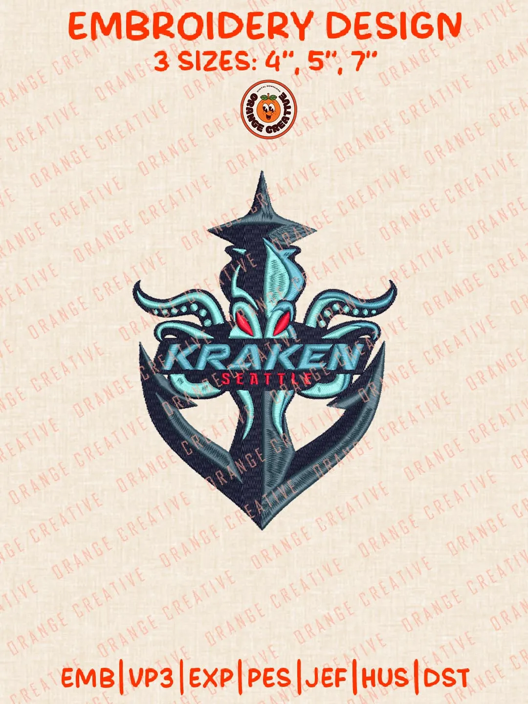 NHL Seattle Kraken Mascot Logo Embroidery Designs, NHL Team Logo Embroidery Files, Machine Embroidery Design File, 4 Sizes, Custom Size, Digital Download