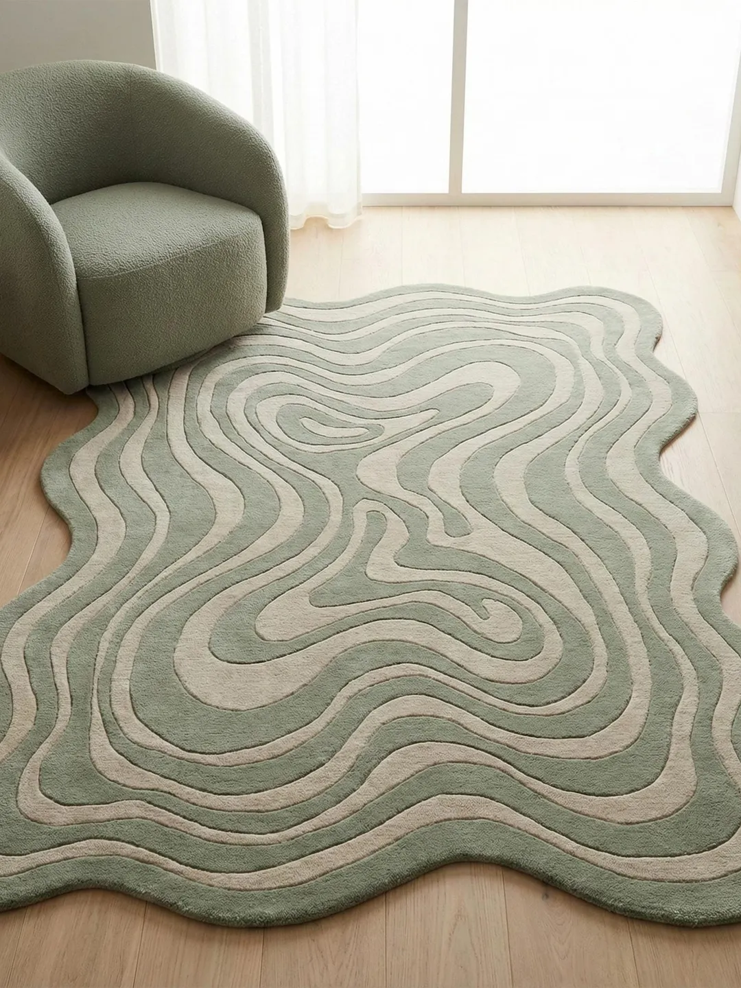 Wavy Small Rug Irregular Squiggly Abstract Sage Green Rug, Modern Wavy Hand Tufted ...