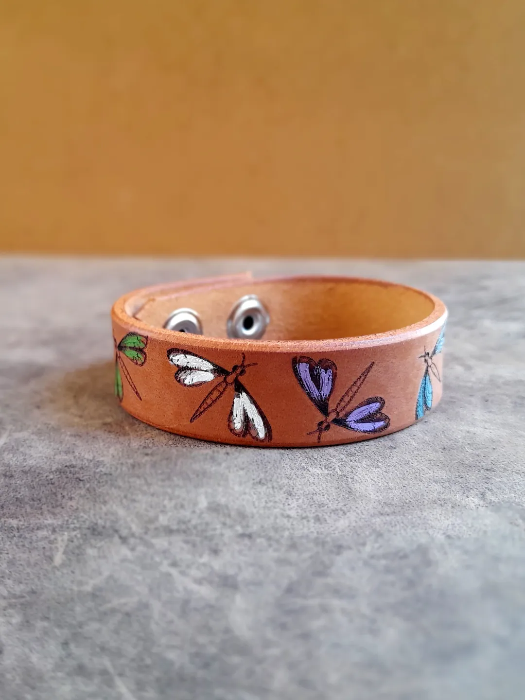 Hand Painted Dragonfly Bracelet, Handmade Adjustable Full Grain Leather Cuff, Secret Message, Cute Gift for Daughter/Sister