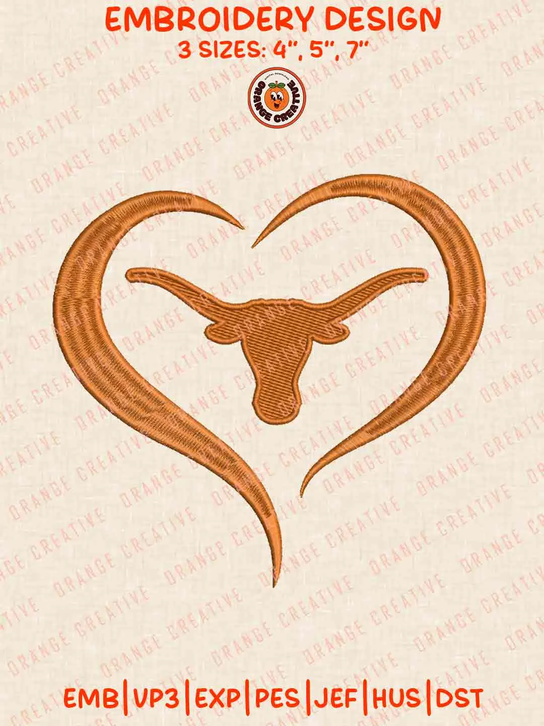 Texas Longhorn Heart Embroidery Files, Football Embroidery Designs, College Sport Machine Embroidery Files, 3 Sizes, Custom Sizes, Instant Download