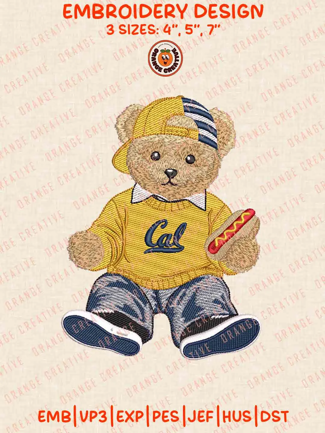 Cute Teddy Bear California Golden Bears Embroidery Files, NCAA Team Logos Embroidery Design, Machine Embroidery Design File, 4 Sizes, Custom Size, Digital Download