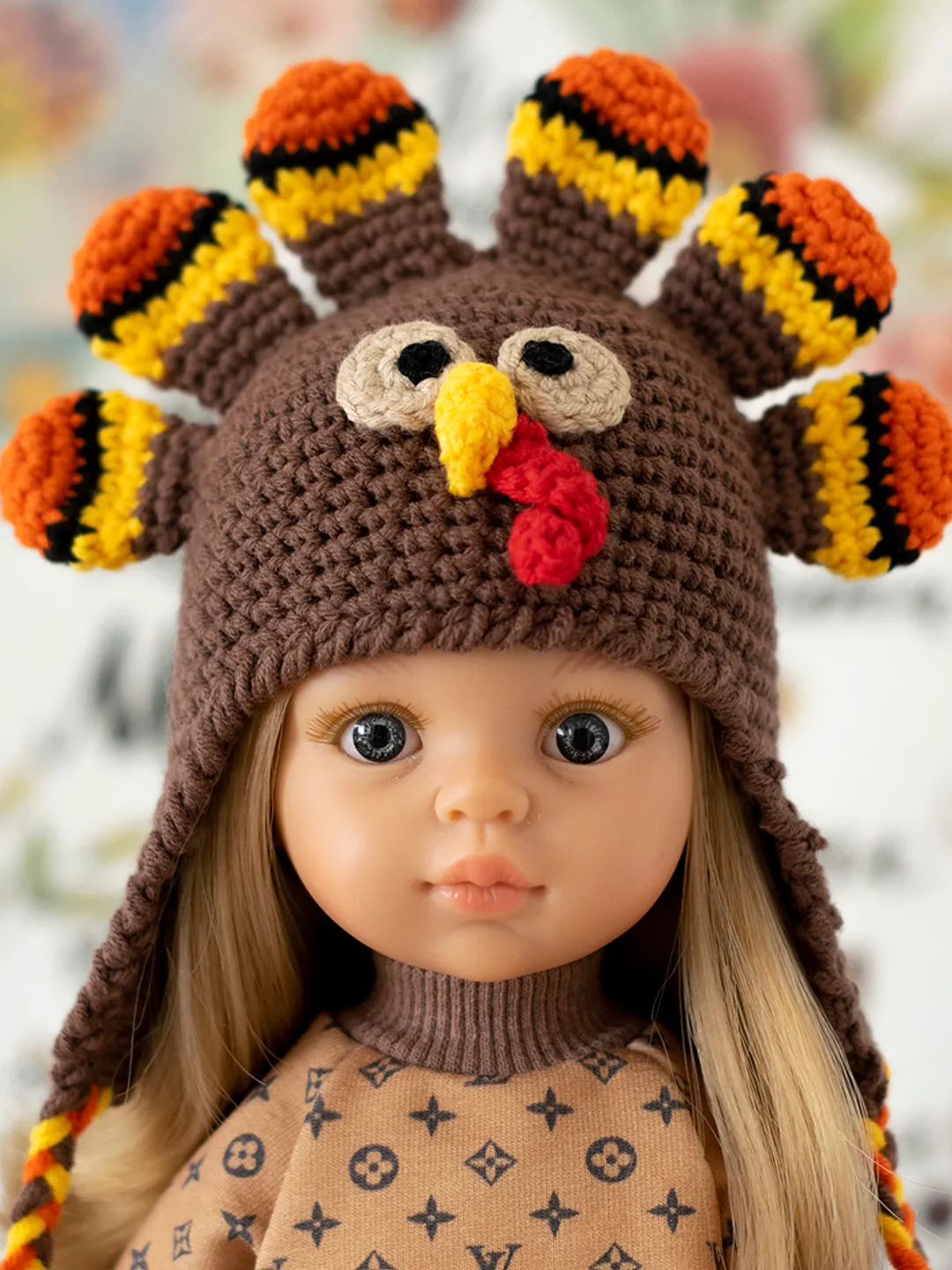 Crocheted Turkey hat for Paola Reina doll, Meadowdolls Dumplings, Little Darling, Siblies Ruby Red for Thanksgiving Day