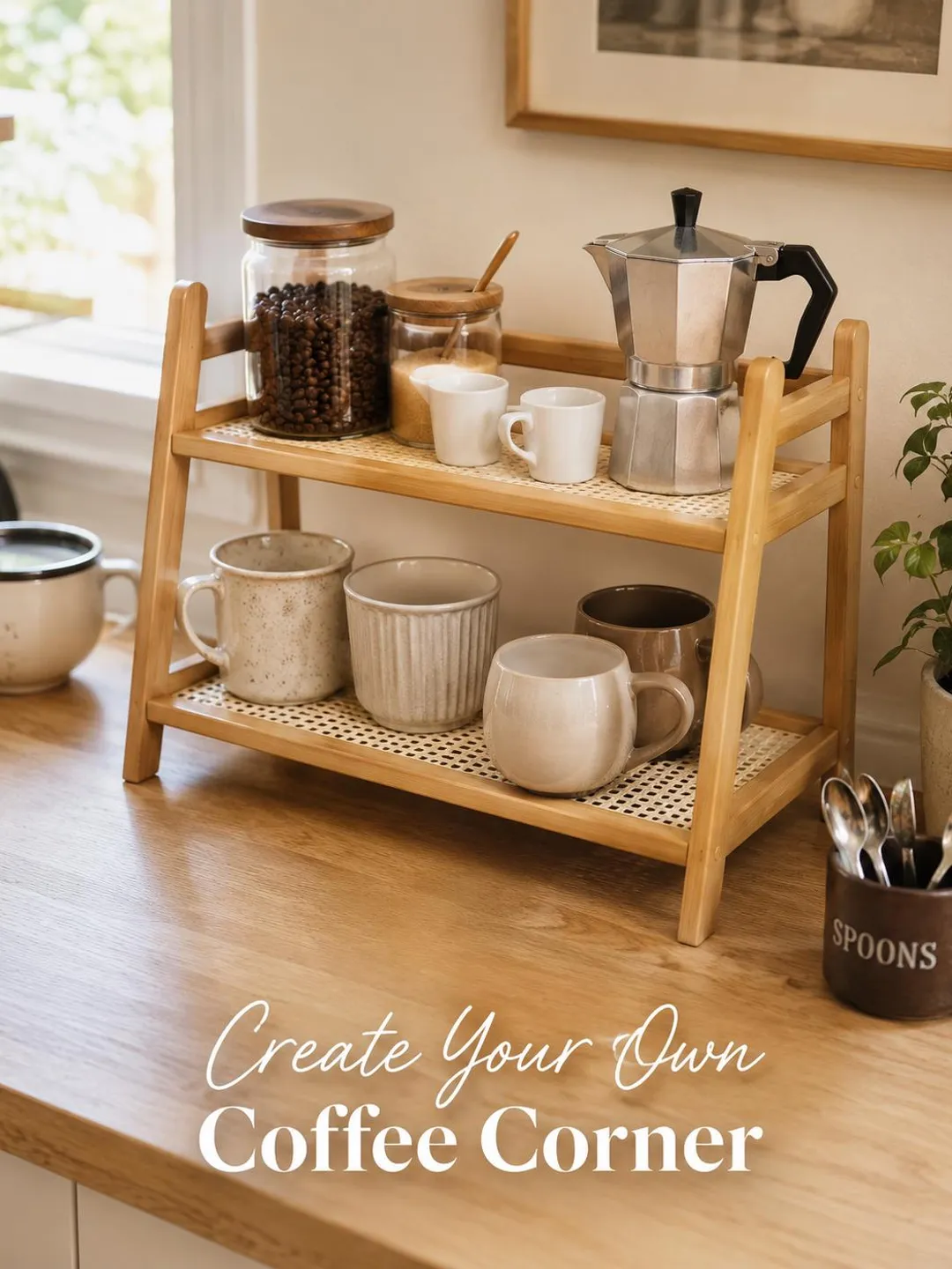 Tea Station Organizer , Coffee Station Organizer, Wood Tea Coffee Organizer for Kitchen Counter