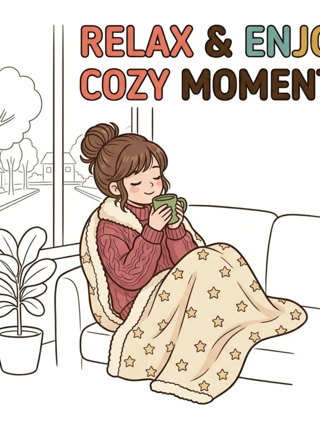 Cozy Girl Coloring Pages Printable PDF | Cute Kawaii Relaxing Coloring ...