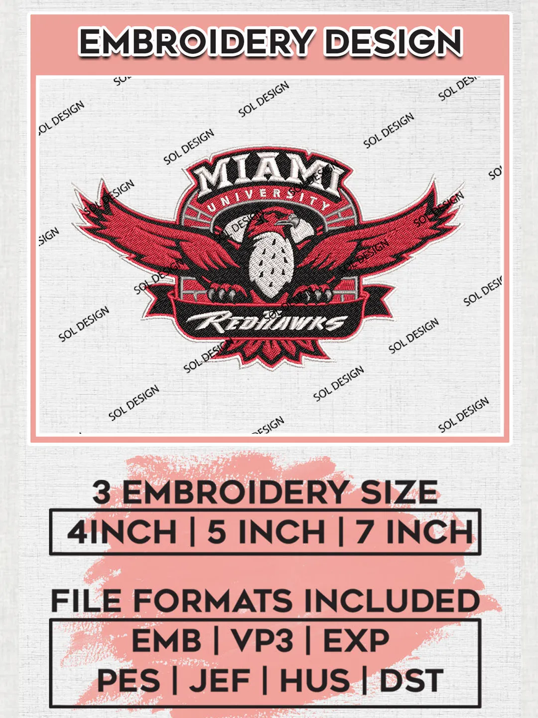 NCAA Miami RedHawks Team Mascot Logo embroidery designs, NCAA Miami OH RedHawks Logo Machine embroidery designs, NCAA Team Logo embroidery designs, NCAA Game Day Machine embroidery designs, Digital Download