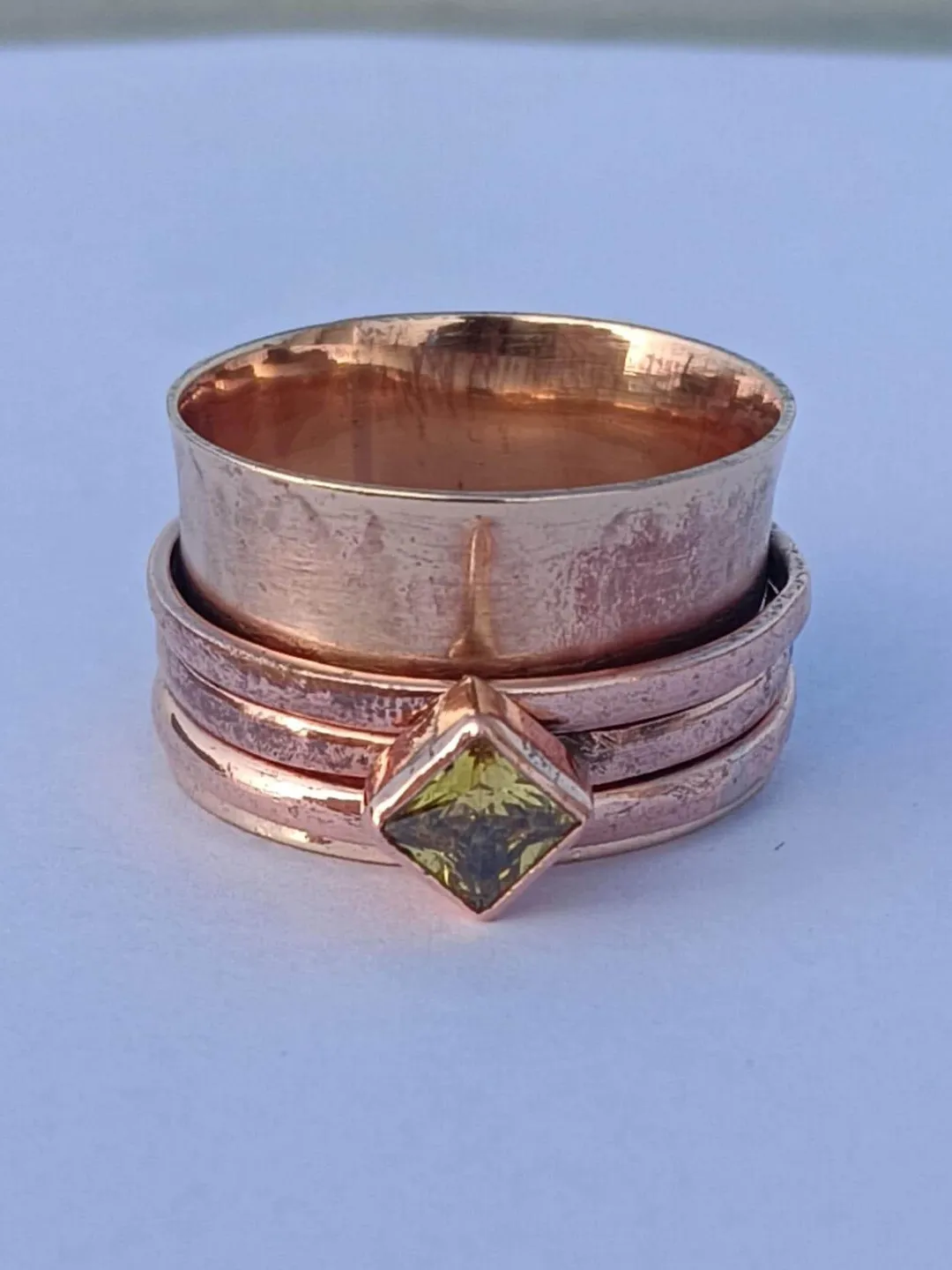 Handmade Copper Spinner Ring, Peridot Gemstone, Boho Wide Band