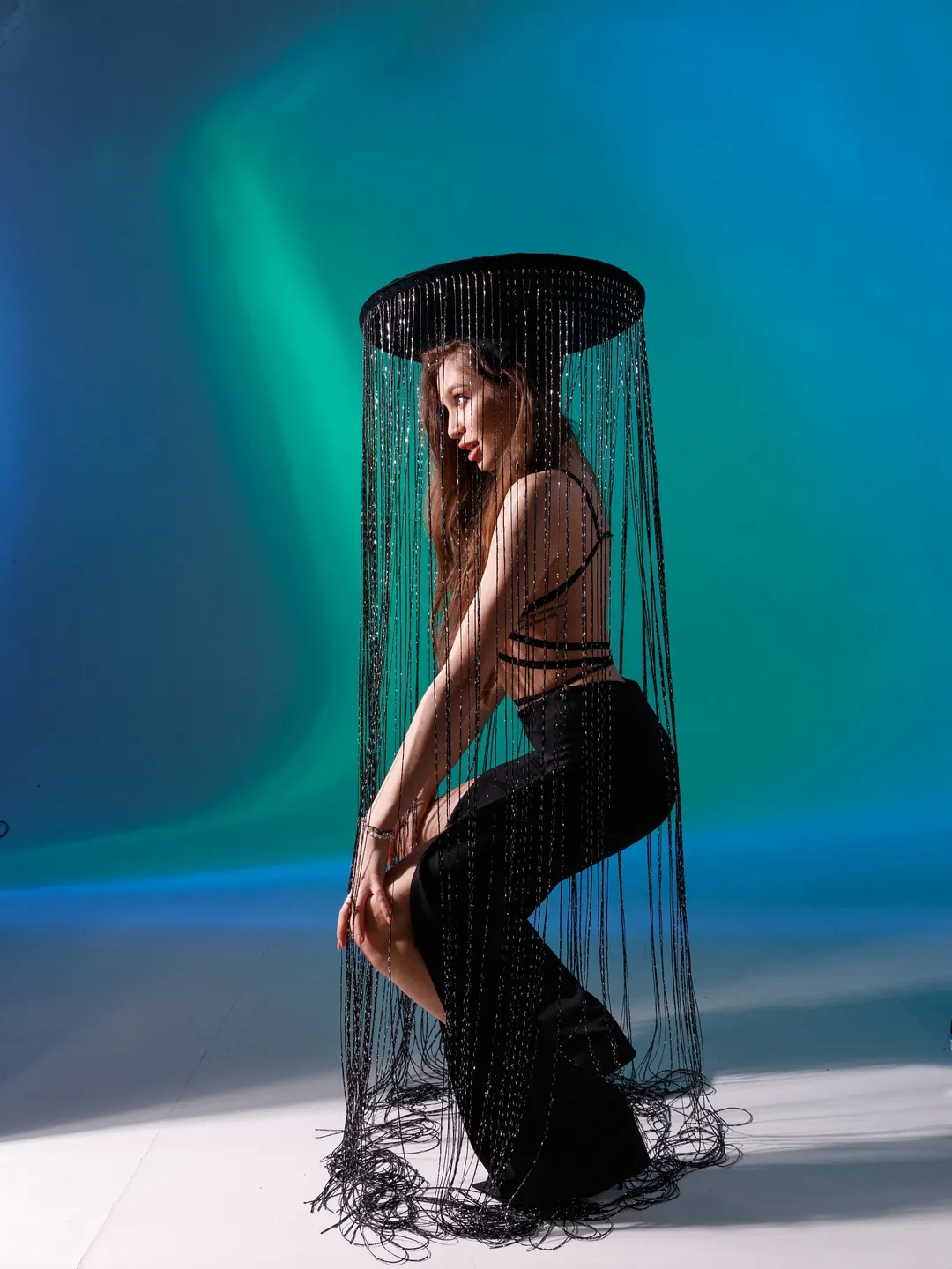 cosplay costume, festival headwear, futuristic costume, fringed hat, carnival headwear