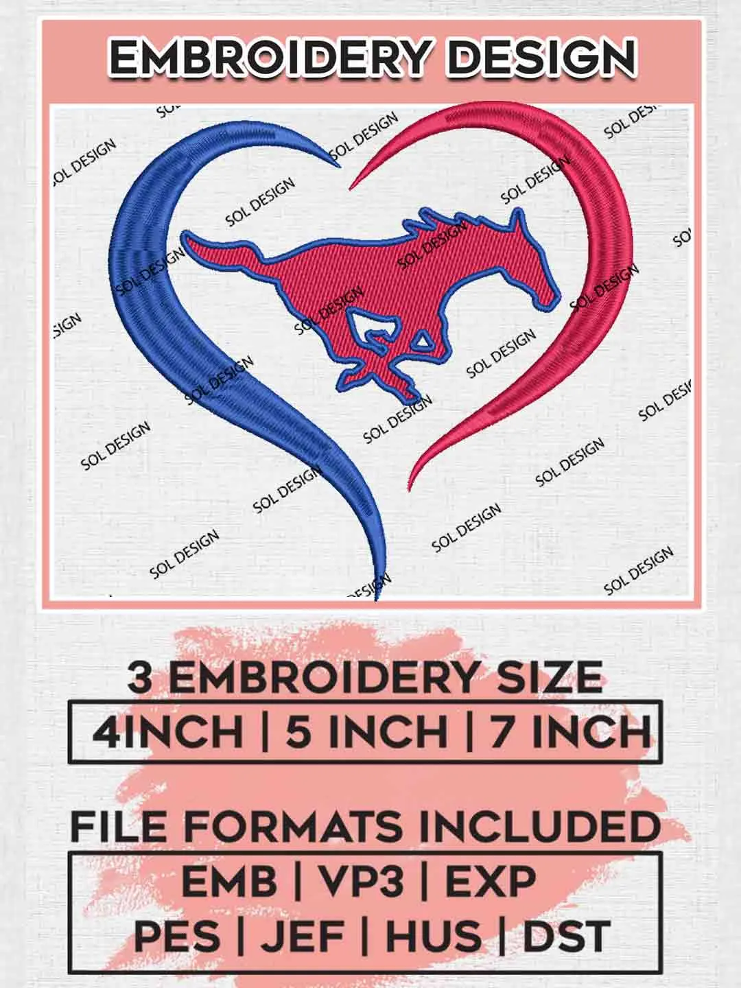 NCAA SMU Mustangs Heart Logo Embroidery Designs, NCAA Logo Embroidery files, NCAA Team, College Rugby Team Machine embroidery designs, Digital Download