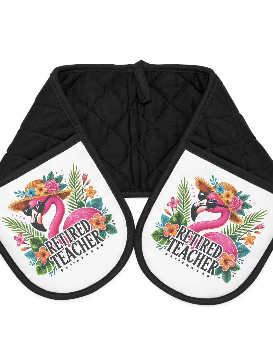 OVEN MITTS Retired Teacher Flamingo Double Potholder Hot Pad Retiree Kitchen Gifts