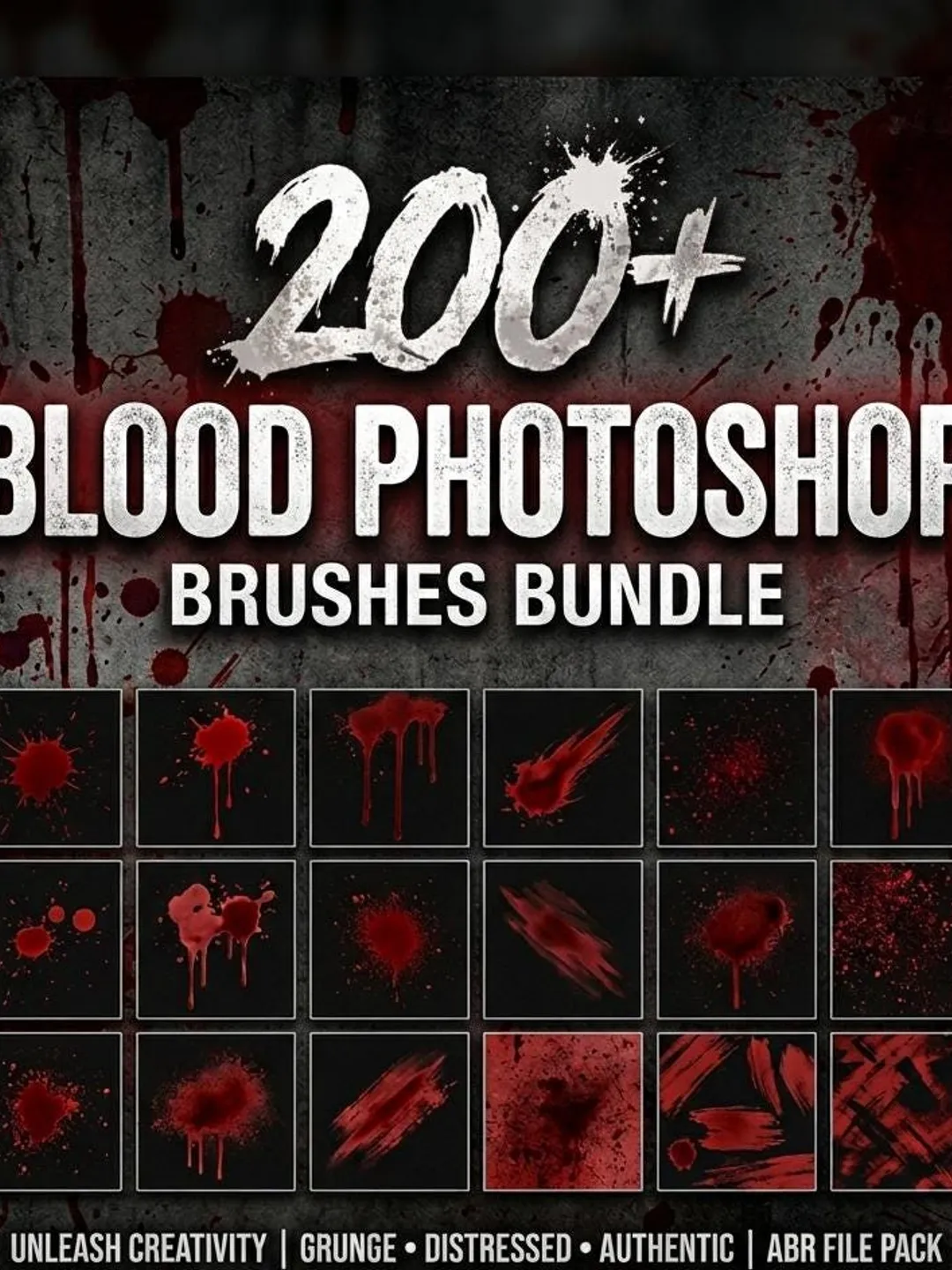 200+ Blood Photoshop Brushes Bundle | Realistic Blood Splatter, Drips, Horror Textures & Grunge Effects for Adobe Photoshop