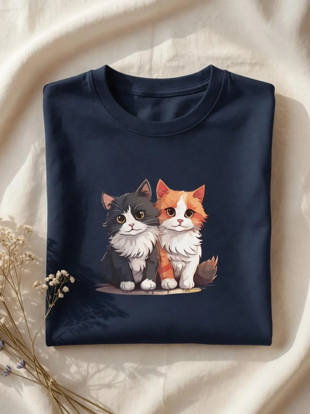 Two Kittens Illustration T-Shirt | Hand-Painted Cat Pair Graphic Tee