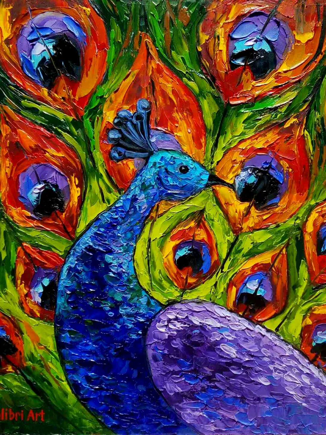 Peacock Painting Bird Original Art Animal Painting Impasto Colorful Wall Art Rainbow Small Art 12" x 12" By Colibri Art