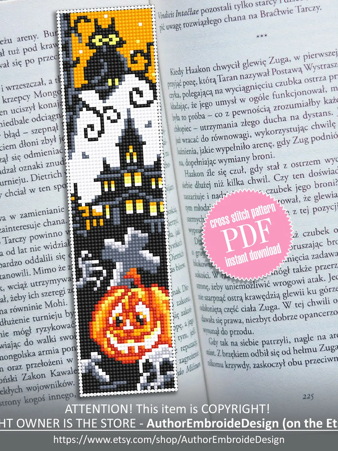 Halloween bookmark cross stitch pattern PDF download Haunted house cross stitch chart, Handmade bookmark pattern digital PDF, Pumpkin #B36