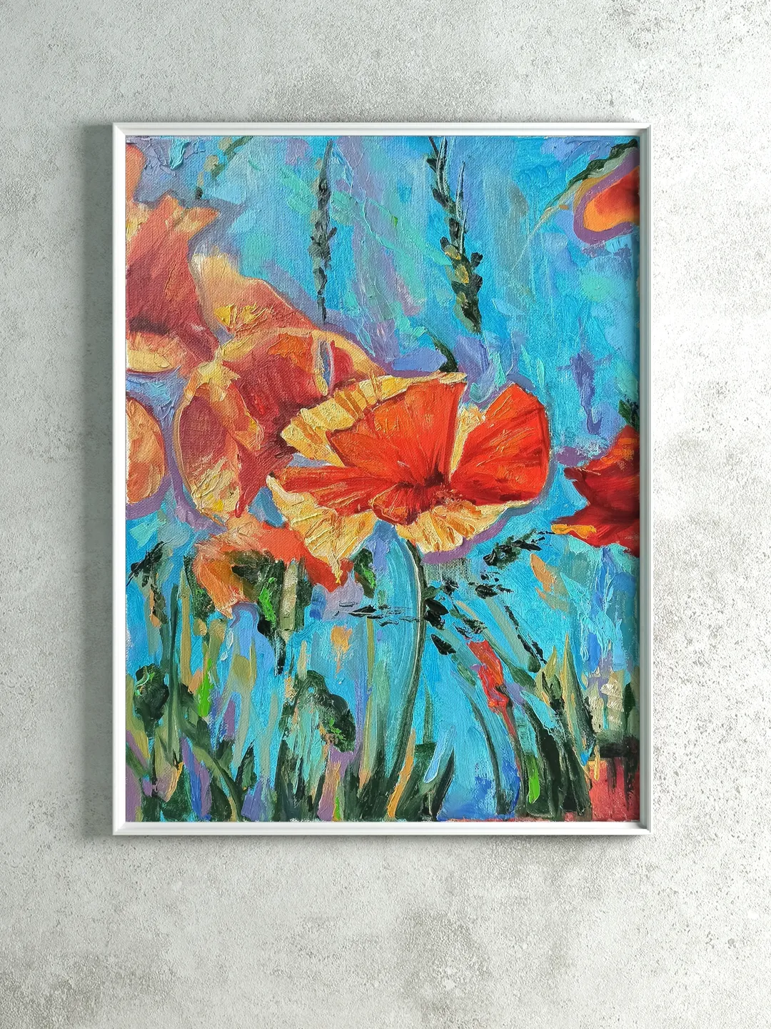 The Poppies On A Sunny Day Against A Blue Sky. Oil, stretched canvas, 30x40cm