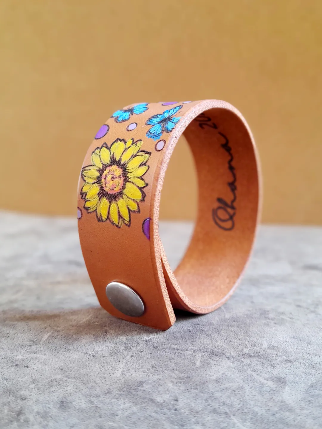 Large Yellow Flowers and Butterflies Bracelet, Hand Painted Women Leather Cuff Bracelet, Personalized Bracelet, Daisies, Plant Lover Gift, Ohana