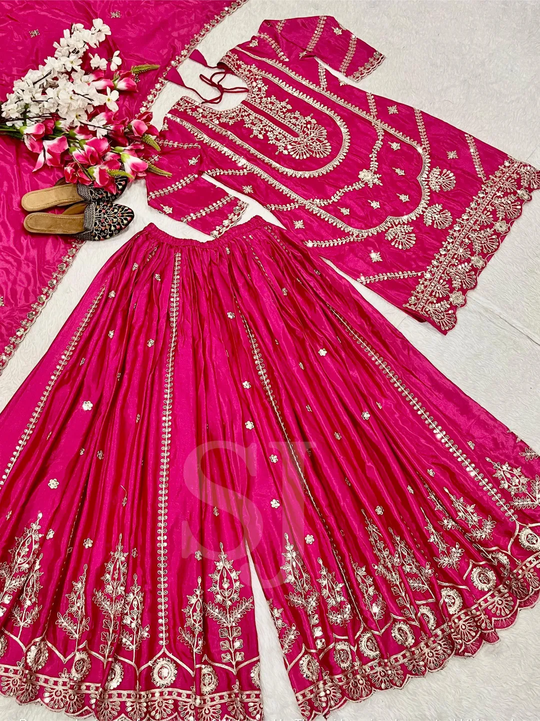 Pink Silk Salwar Kameez Readymade Suit Set, Indian Designer Palazzo Kurta Set With Dupatta Set, 3 Piece Combo Set, Fully Stitched Salwar Set