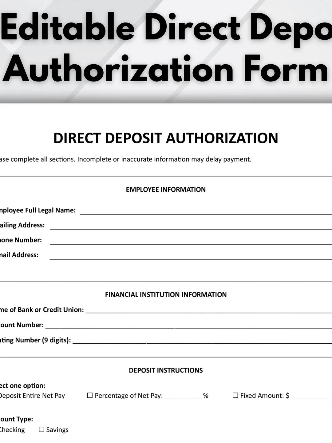 Direct Deposit Authorization Form | Employee Payroll Template ...