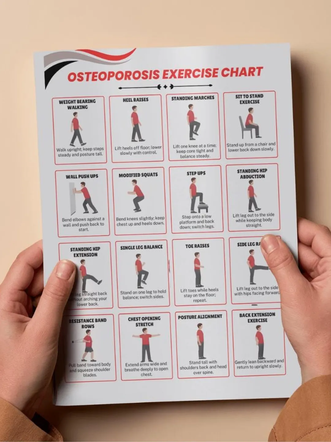 Osteoporosis Exercise Chart, Printable Gentle Low-Impact Daily Routine ...