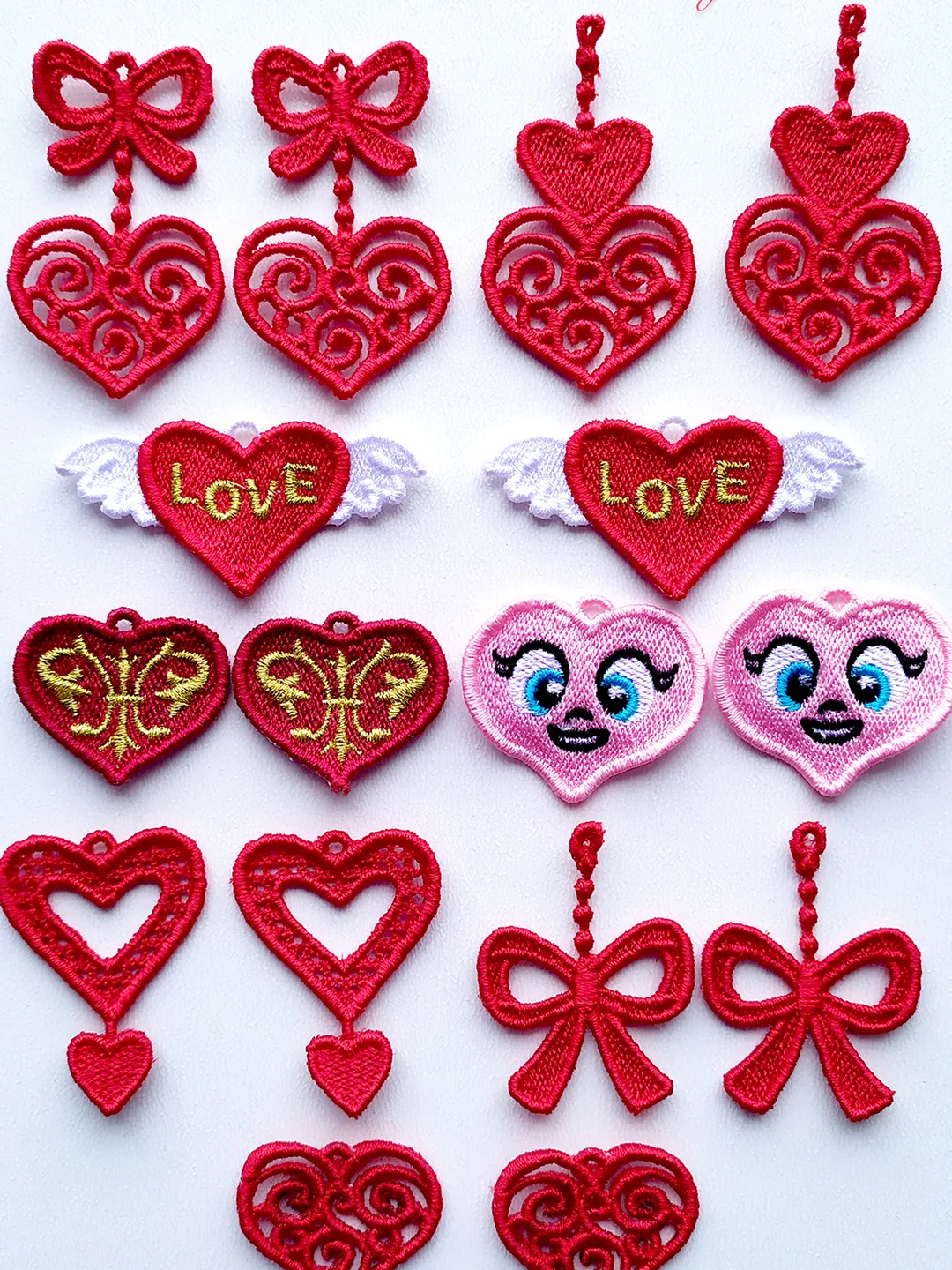 Set 8 FSL Heart earrings machine embroidery design download, Free Standing Lace Valentines digital embroidery files, Mini Lace Heart #FS36