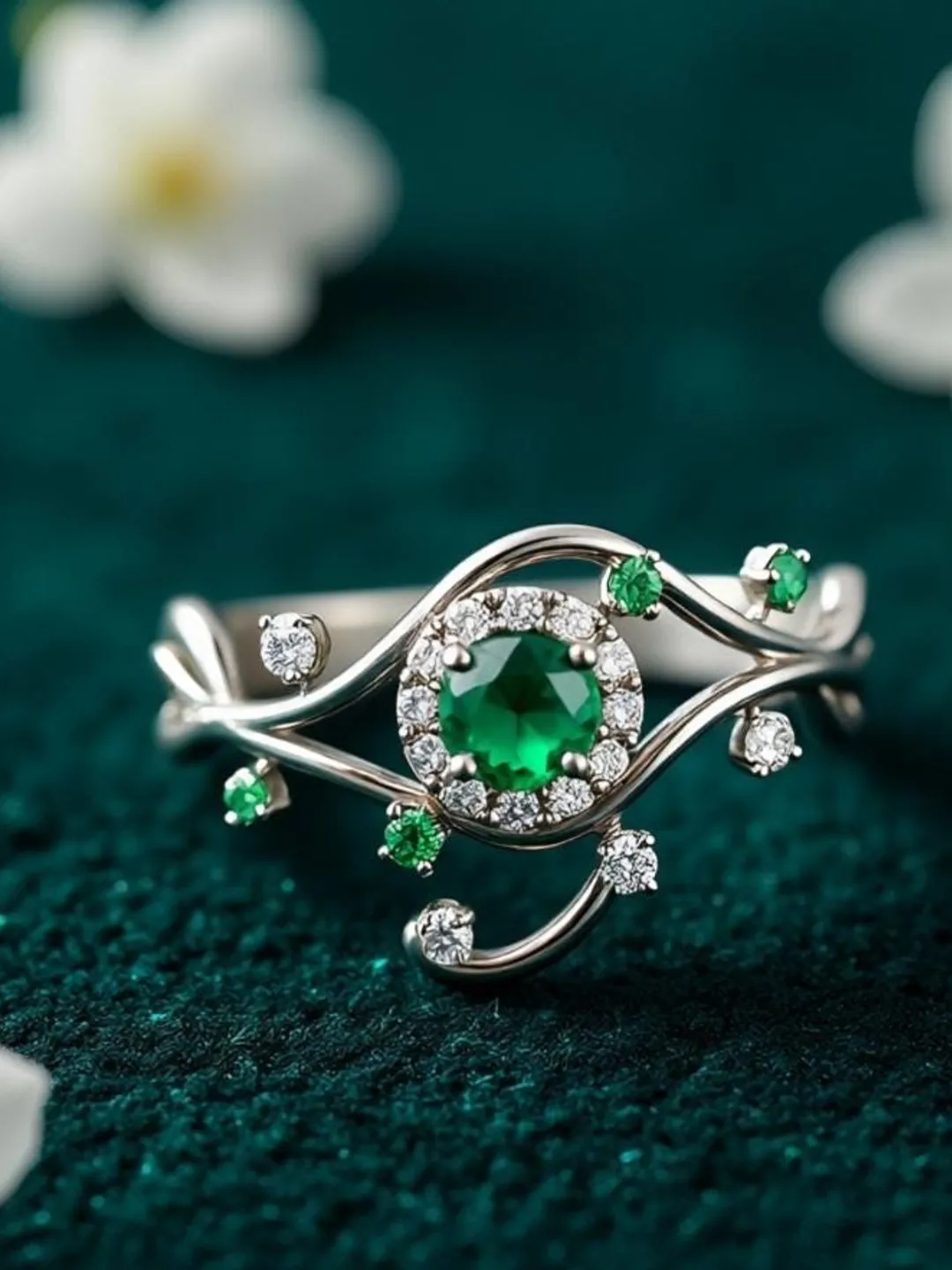 925 Sterling Silver Swirl Ring , Green Emerald Gemstone & Cubic