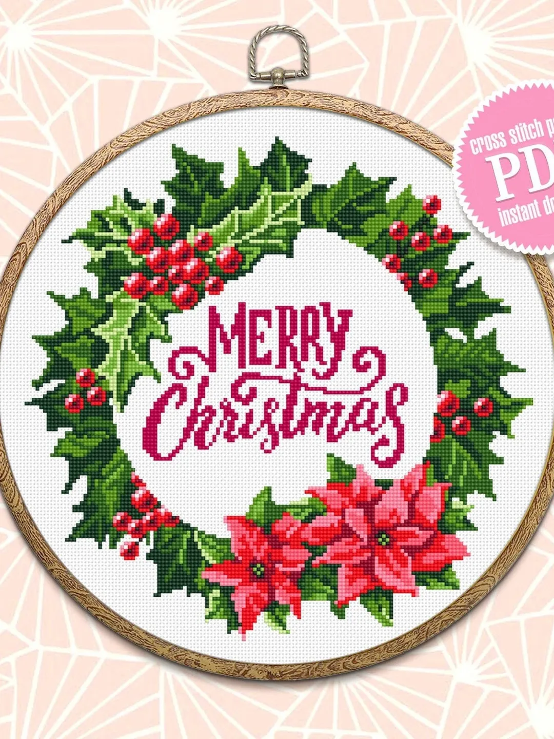 Christmas wreath cross stitch pattern PDF Poinsettia wreath cross stitch chart, Holiday cross stitch Instant download PDF, Holly berry #N17