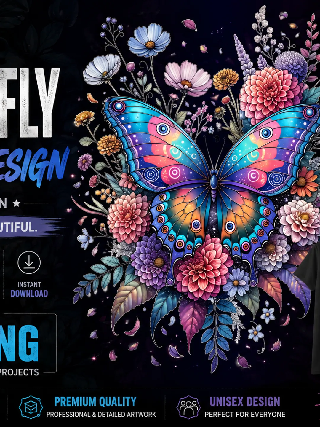 Colorful Butterfly Floral T-Shirt Design PNG And SVG, Botanical Flower Butterfly Artwork, Boho Nature Digital Download.
