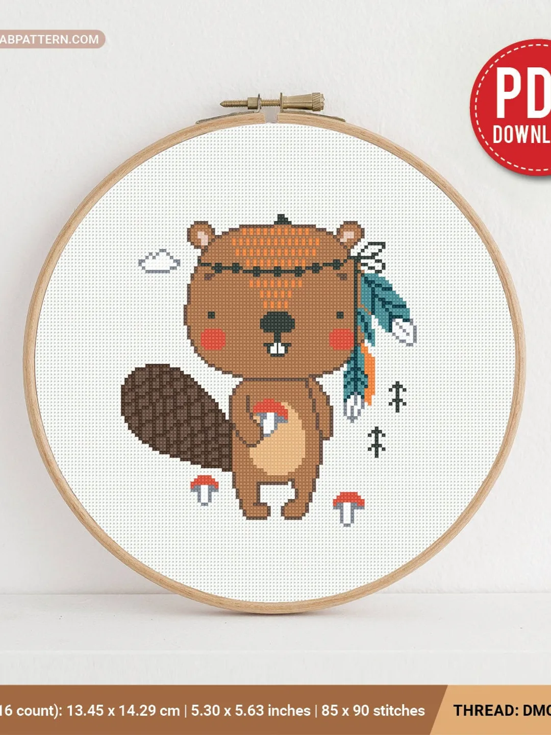 Beaver Boho Style aesthetic cross stitch pattern, baby, animal, boy girl nursery decor, counted, chart, gift DIY, embroidery, instant PDF