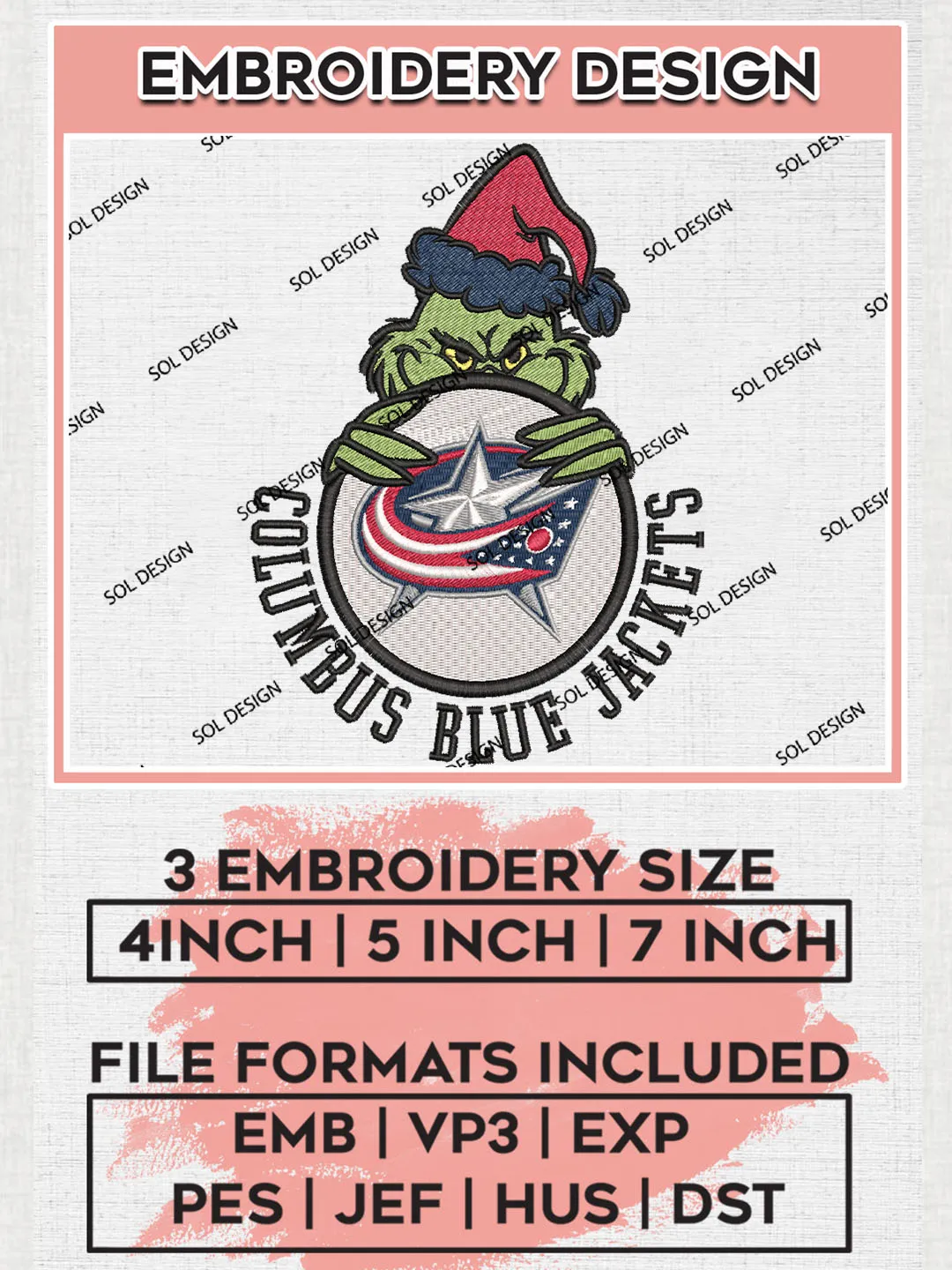 NHL Columbus Blue Jackets Team x Christmas Grinch Logo Embroidery, Grinch Logo Embroidery files, NHL Hockey Team, NHL Columbus Blue Jackets Team Machine embroidery designs, Digital Download