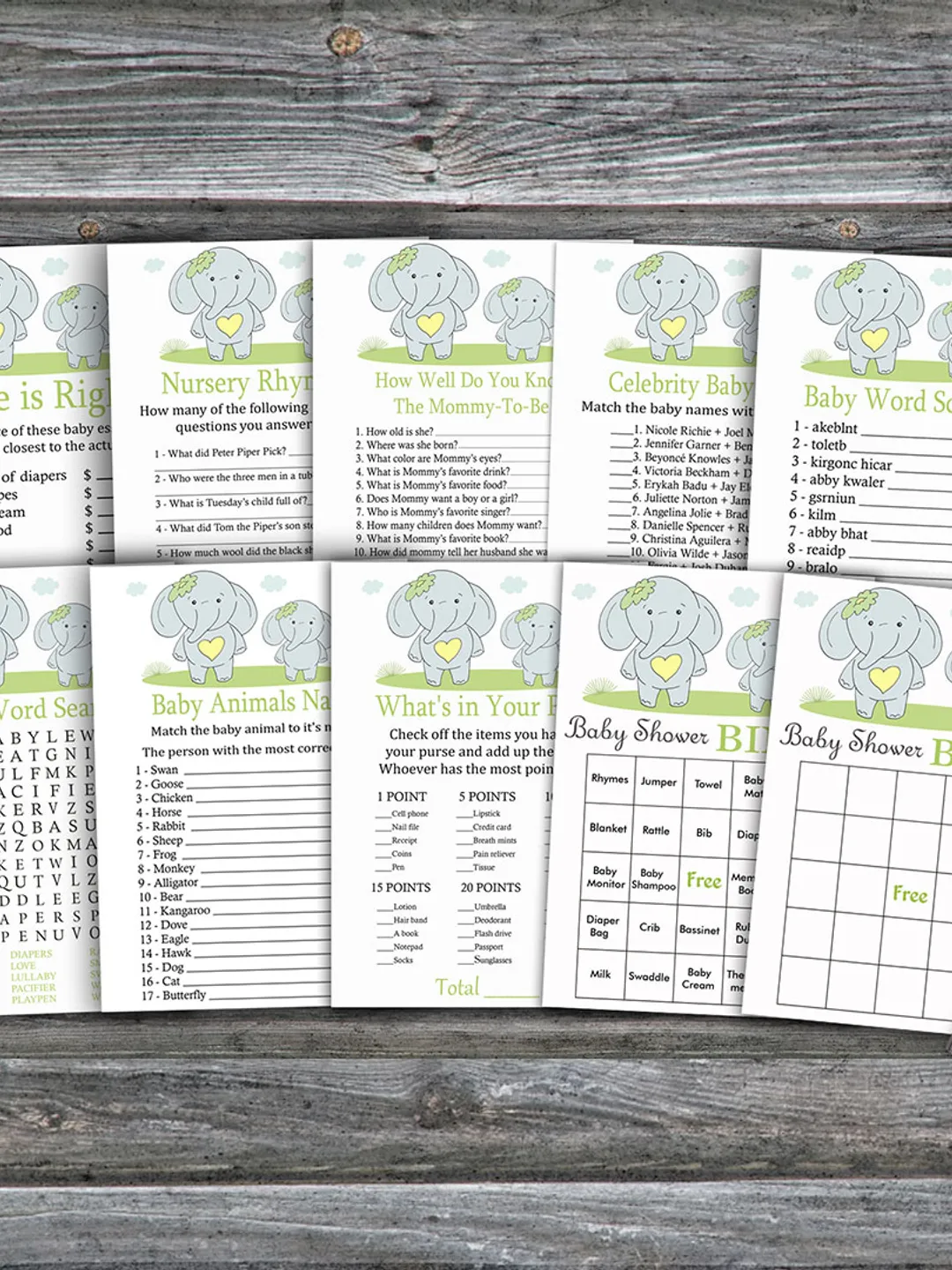 Blue Elephant baby shower games bundle,Elephant theme Baby Shower games package,Fun Baby Shower Games,9 Printable Games