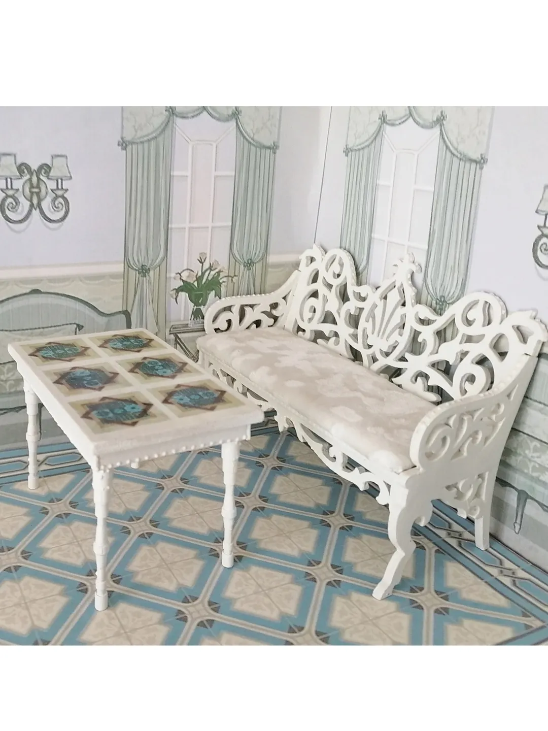 Doll table and sofa. Dollhouse miniature. 1:12. Handmade. Doll furniture. Furniture for doll's kitchen.