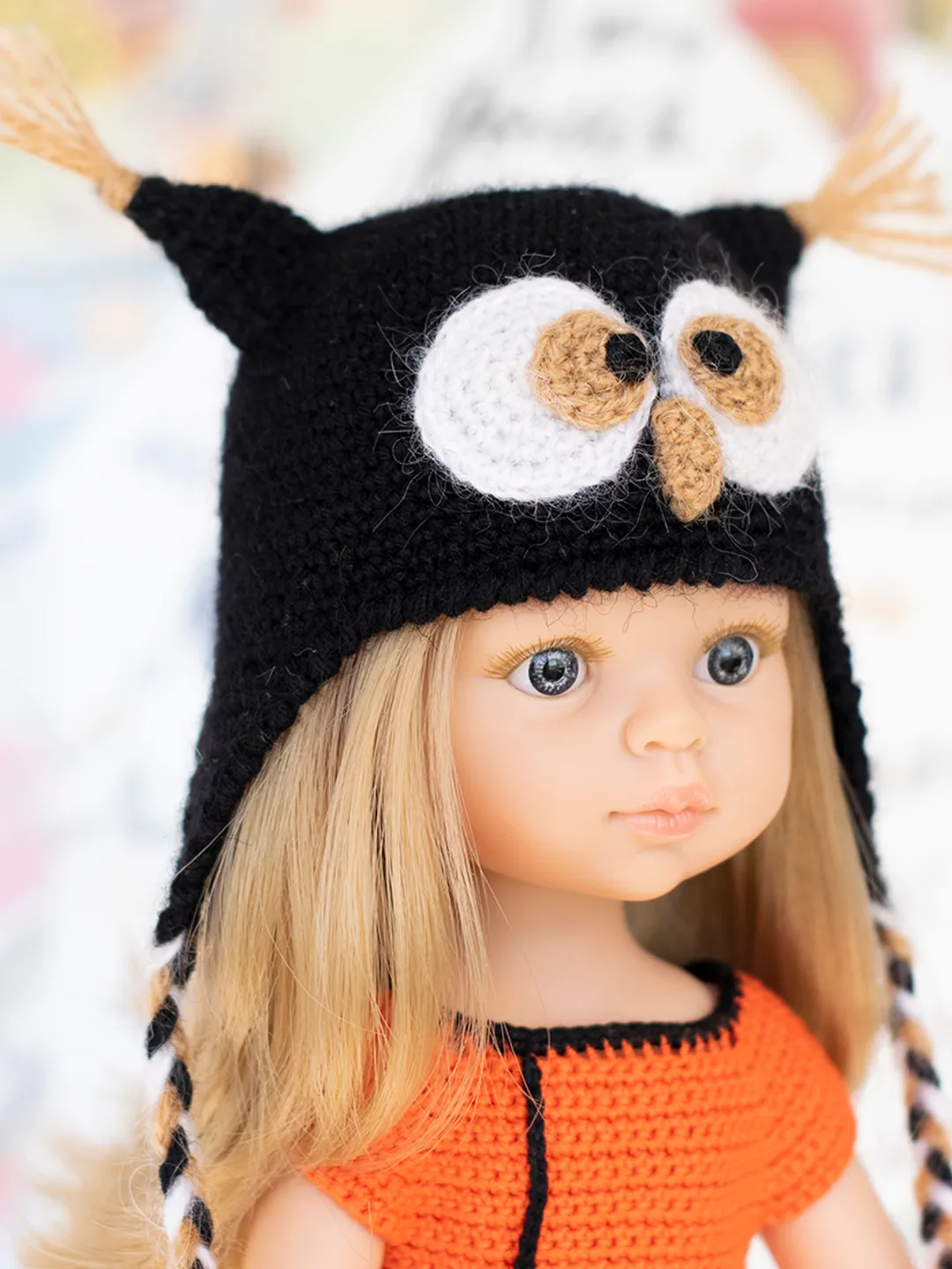 Crocheted Owl hat with ears for Paola Reina doll, Meadowdolls Dumplings, Little Darling, Siblies rrff for Halloween