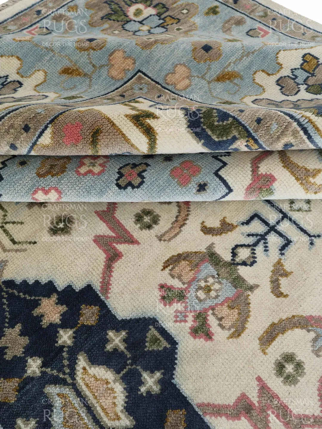 10x14 ft Modern Cream - Lt. Blue Oushak style Hand Knotted Rug, Antique Style Handmade Rugs for Living Room - Contemporary Floor Carpets