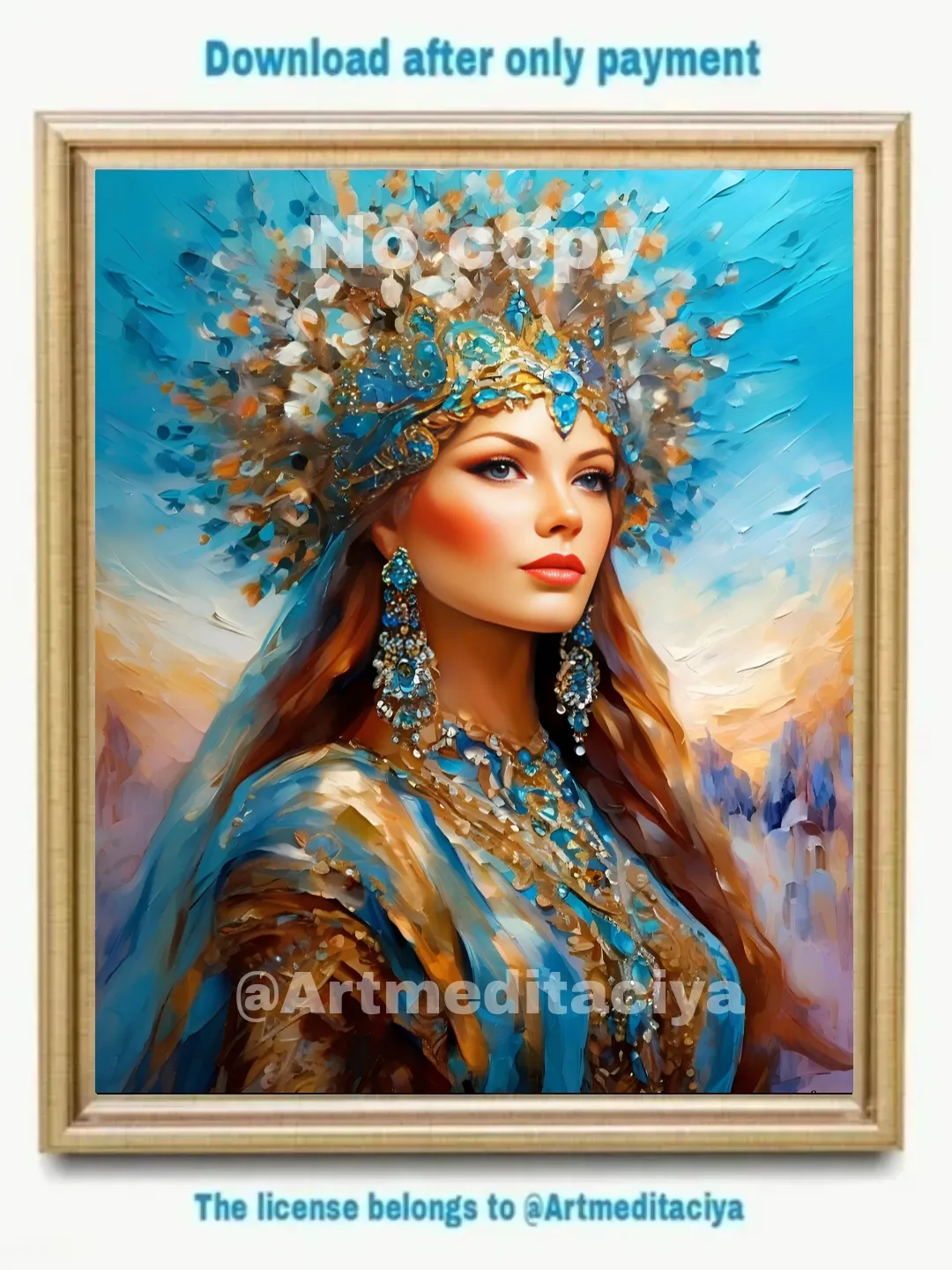 Digital abstract texture painting "Mysterious Russian Beauty" blonde with blue eyes in a luxurious turquoise-blue kokoshnik crown with a veil, in a matching dress with gold on an abstract blue background in the style of palette knife painting, oil