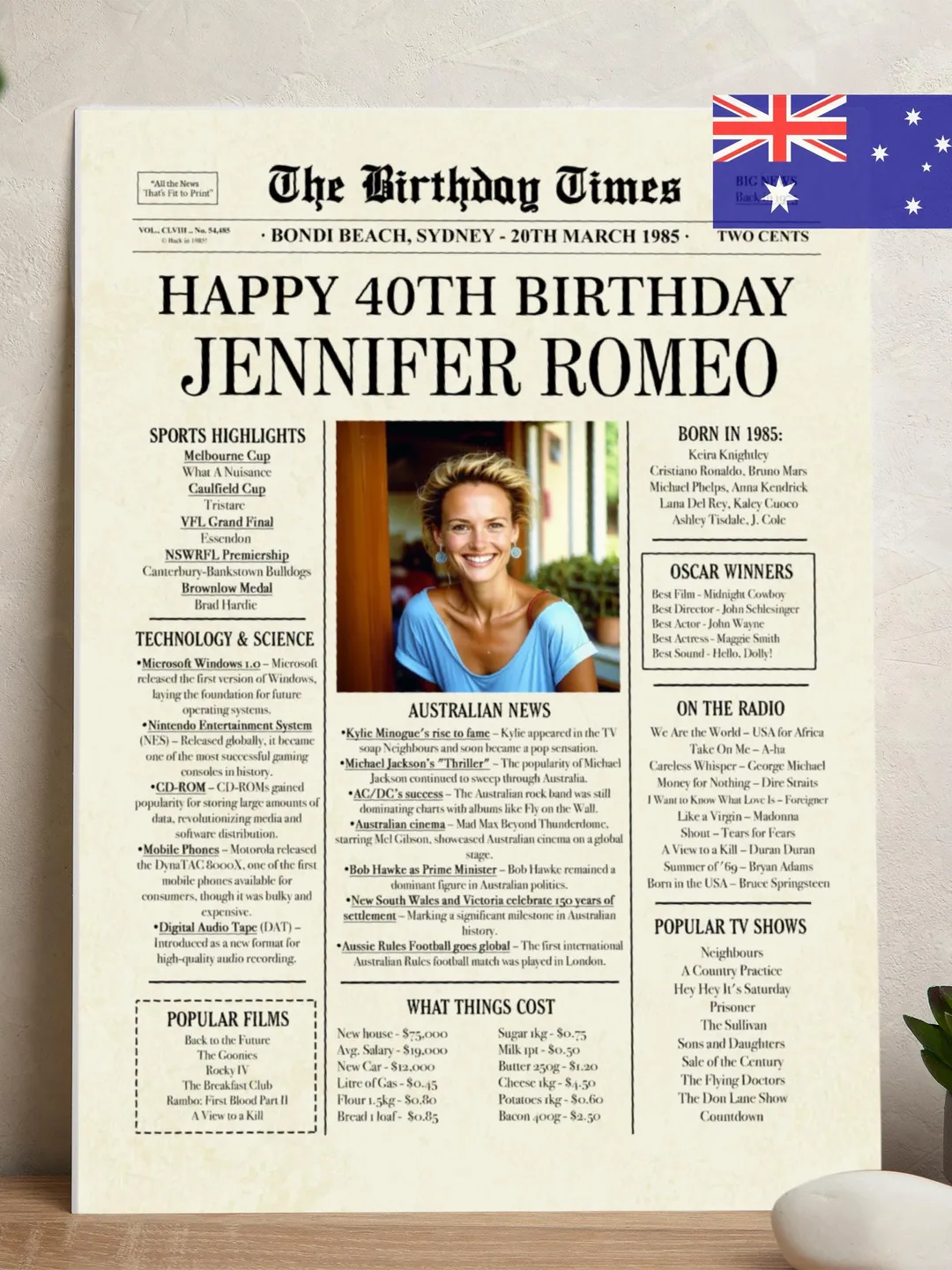 40th birthday gifts for women or men, 40th birthday newspaper poster, 40 year old birthday gift, 1985 birthday gift, back in 1985 australia
