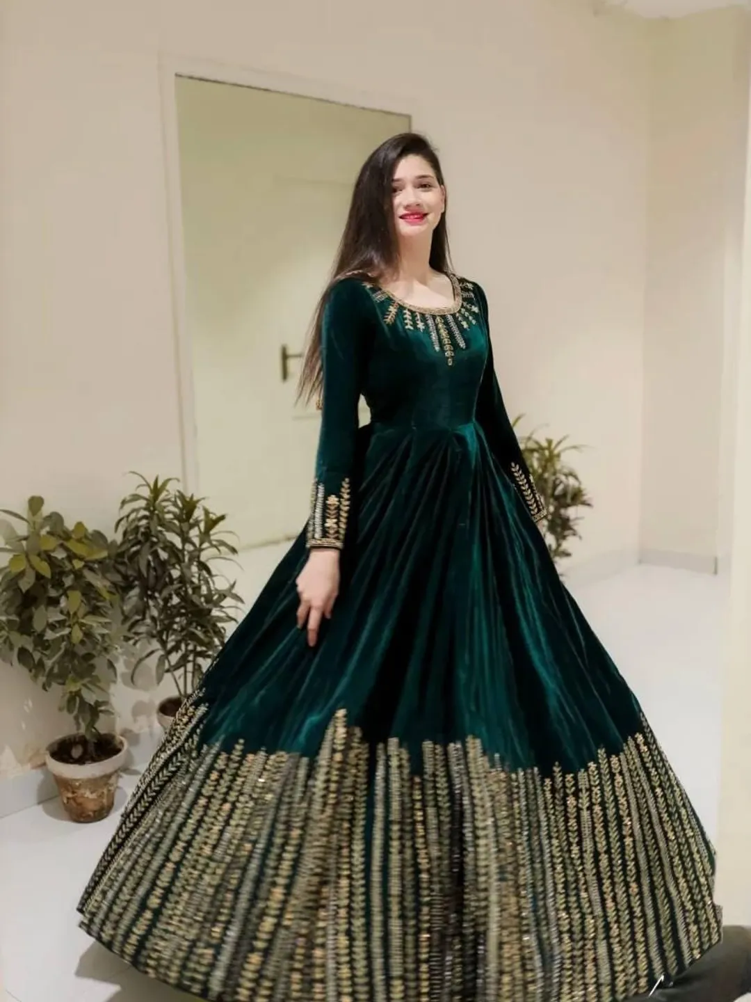 sequin indian dress for women Emerald Viscose Velvet Anarkali Gown Heavy Thread & Sequin Embroidery Party Wear Indian Dress Bollywood Style Dress Festive Wedding Outfit
