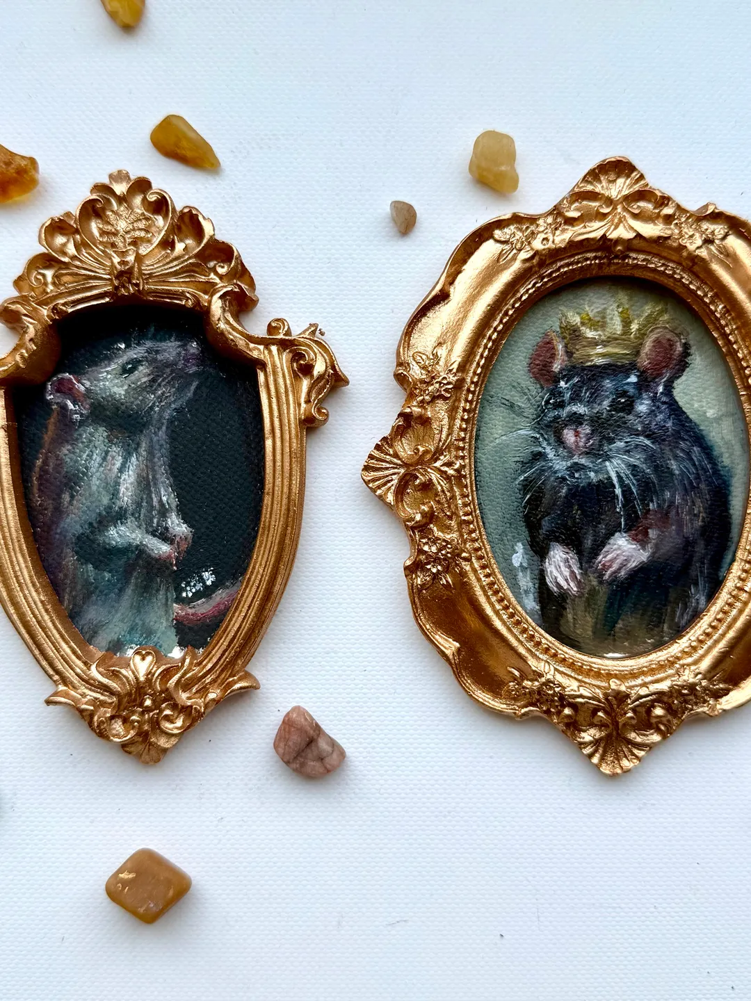 Set of 2 Royal Rats Oil Paintings Original In Vintage Style Frame Small Framed Dark Academia Painting Art Rat Portrait Mice Art Set of 2 Artworks