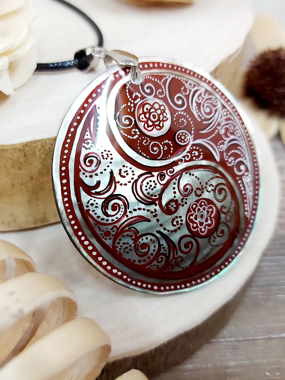 Pearl pendant necklace: Brown Paisley Yin Yang nacklace hand painted on ...