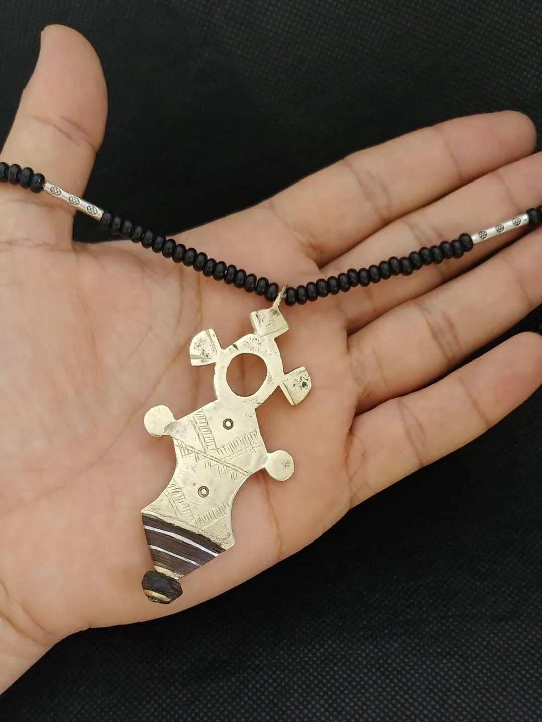 Vintage Tuareg Necklace Metal Ebony: Cross Pendant Black Beads