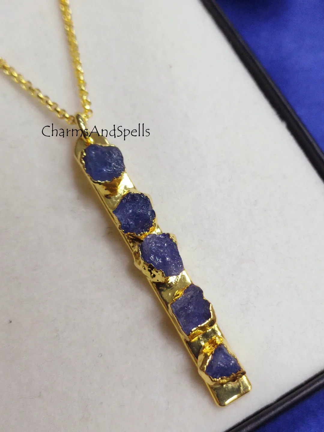 Raw Tanzanite Gemstone Bar Necklace, Gold Plated Boho Jewelry, Gift for Her