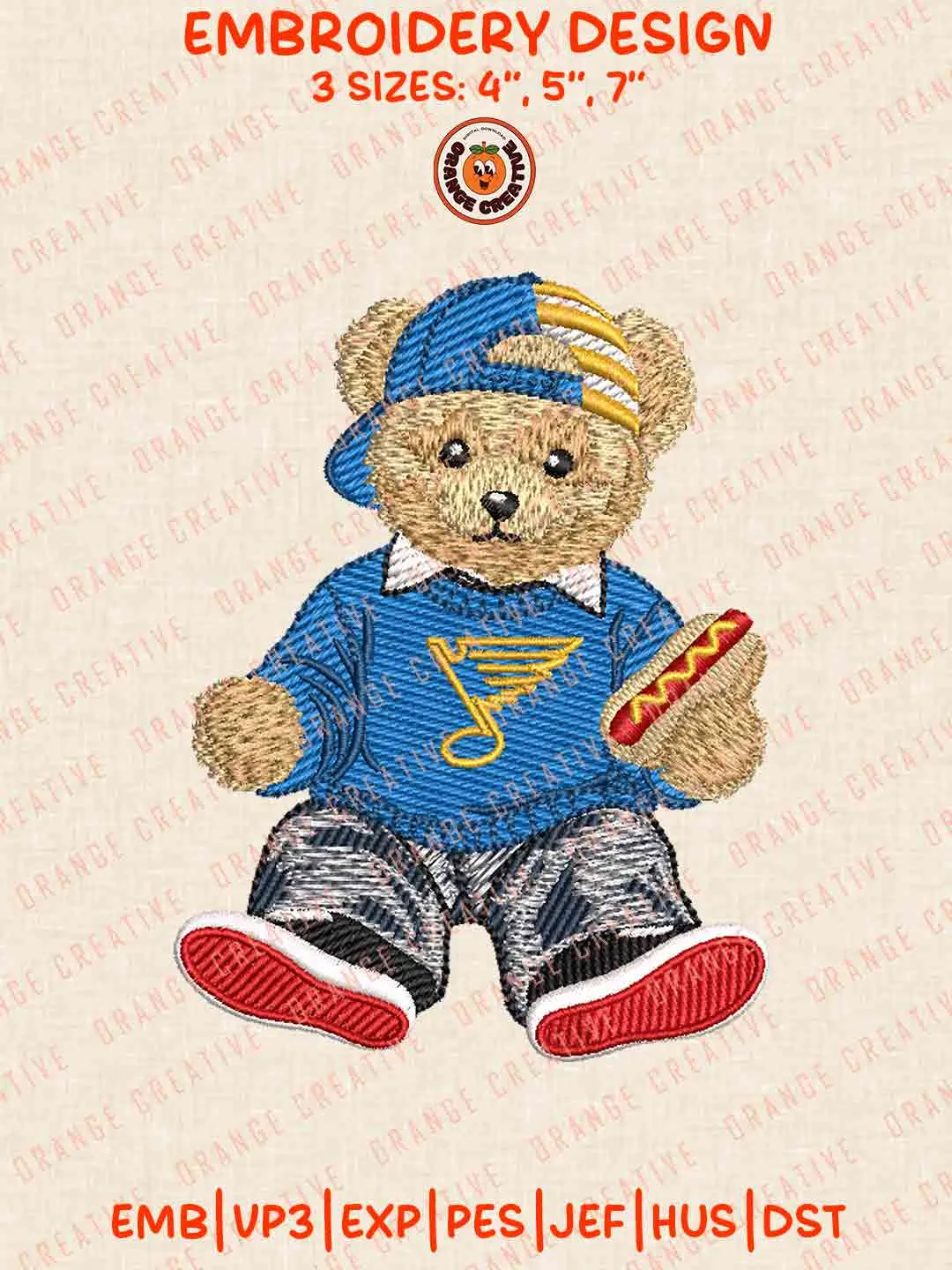 NHL St. Louis Blues Team Teddy Bear Hot Dog Embroidery Files, Cute Sport Teddy Bear Embroidery Designs, NHL Hockey Team, St. Louis Blues Designs, Digital Download